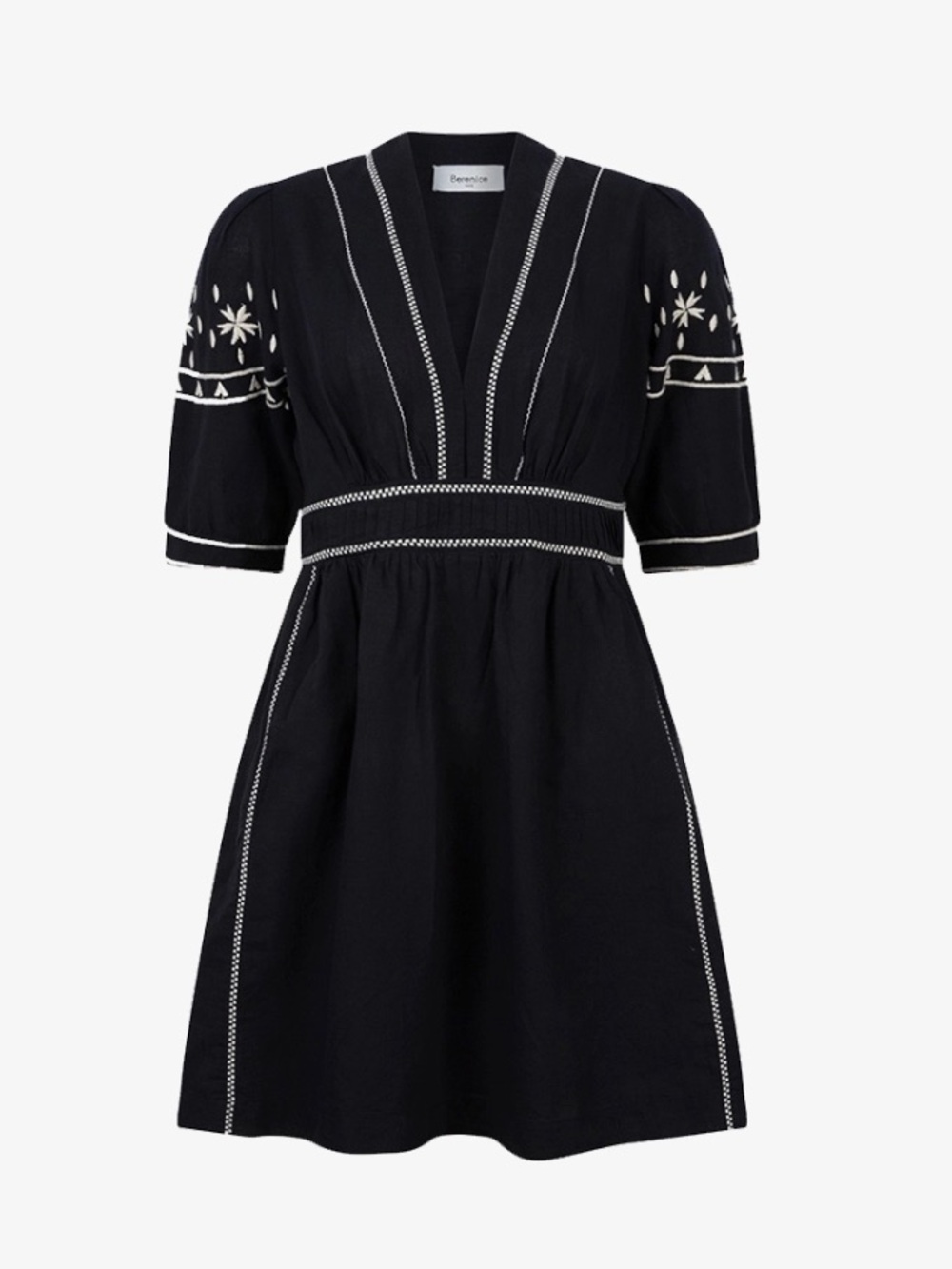 Anthropologie by BERENICE Embroidered V-Neck 100% Cotton Mini Dress - Black